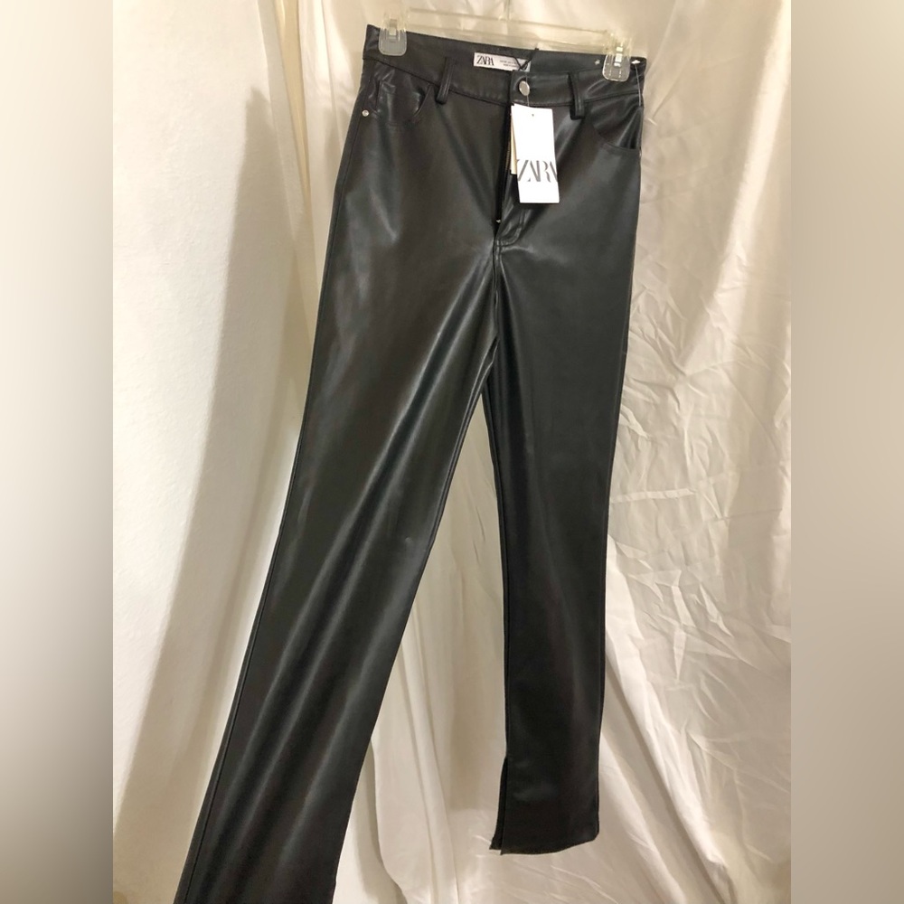 Zara black faux vegan leather slim cigarette style pants size 4 brand new